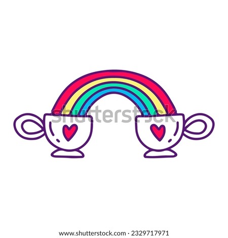 Couple cup of coffee with rainbow, illustration for t-shirt, sticker, or apparel merchandise. With doodle, retro, and cartoon style.