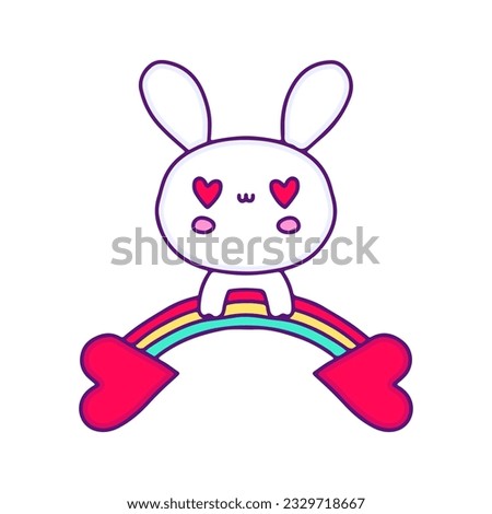 Kawaii bunny chill out on rainbow, illustration for t-shirt, sticker, or apparel merchandise. With doodle, retro, and cartoon style.