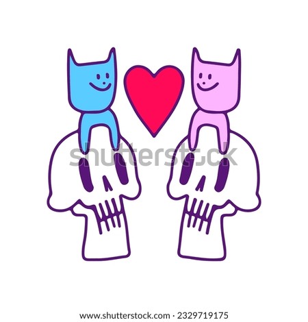Couple of cat and skulls, illustration for t-shirt, sticker, or apparel merchandise. With doodle, retro, and cartoon style.