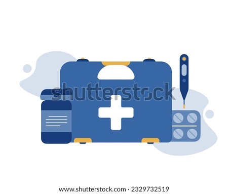 Vector illustration depicting first aid kit for emergency medicine, medicine and thermometer. Healthcare, first aid or emergency.