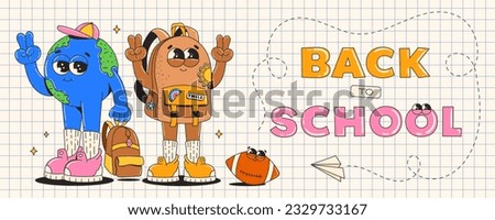 Back to school banner. Groovy retro cartoon characters. Cute backpack and earth planet. Contemporary vector illustration.