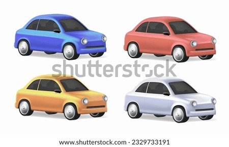 3D cars set. Taxi cedan auto different colors. Urban, city cars and vehicles transport 3D vector icons. Car automobile illustration. colour cars with shadow isolated on white background
