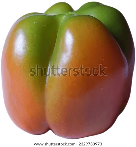 A close-up shows plump, ripe bell peppers with a vibrant mixture of red and green hues. Its glossy appearance hints at its delicious sweetness. Pure white background.