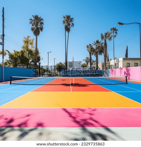 Empty pickle ball court on a hot summer day in Los Angeles with palm trees. Royalty-Free Stock Photo #2329735863