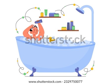 Toddler in shower or bath concept. Small boy lies in soap bubbles with rubber duck and shampoo. Routine and hygiene, cleanliness. Baby in bathroom. Cartoon flat vector illustration