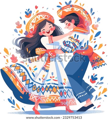 Mexican couple dancing in folk costumes, long dress, vector illustration, isolated in white background