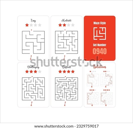 Quartet of Printable Square Mazes for Children - From Simple to Challenging with Solutions - Ready-to-Print Classic Labyrinth Vector - Collection 0940