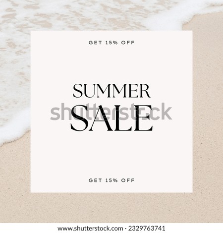 Summer sale with bright beach in background.