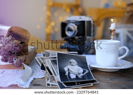 old family photos in vintage interior, stack nostalgic sentimental pictures, vintage photographs 50s, 40s, retro accordion camera on wooden table, concept genealogy, memory ancestors, family tree Royalty-Free Stock Photo #2329764841