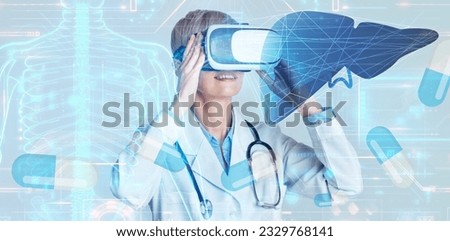 Medical technology concept. Doctor short-haired woman in white coat using virtual reality headset to study health data of patient, looking at hologram of human liver, banner, double explosure, collage Royalty-Free Stock Photo #2329768141