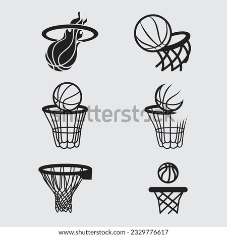 Basketball with Basket Vector Images Sports Clip Art Silhouette Bundle. Black Outline