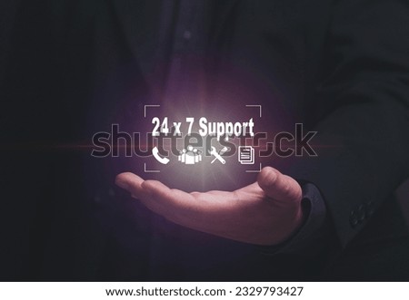 The concept of 24x7 customer service. Customer service technical support center is available around the clock, which can be contacted in all channels, telephone, personnel, documents, tools. Royalty-Free Stock Photo #2329793427