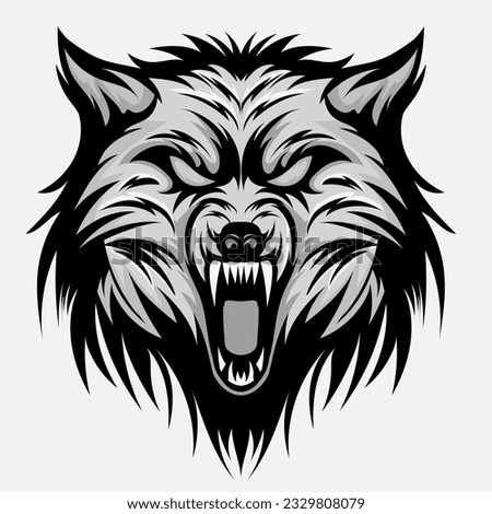 head ferocious wolf aggressive roaring, outline silhouette on a black background for tattoos and tshirt design