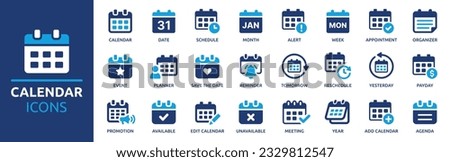 Calendar icon set. Containing date, schedule, month, week, appointment, agenda, organization and event icons. Solid icon collection. Vector illustration. Royalty-Free Stock Photo #2329812547