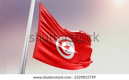 Tunisia national flag waving in beautiful sky.