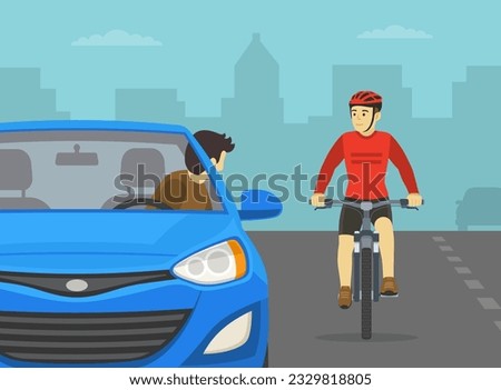Safe driving tips and rules. Driver looks back before opening the vehicle's front door while bicyclist is approaches. Flat vector illustration template. Royalty-Free Stock Photo #2329818805