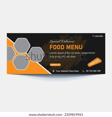 Restaurant food menu social media marketing web banner. Pizza, burger or hamburger online sale promotion video thumbnail. Fast food website background. Food flyer with logo and business icon.