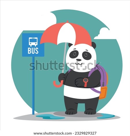 Panda Waiting in the Bus Stop Cartoon Illustration