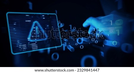 System hacked warning alert on laptop computer. Cyber attack on computer network, virus, spyware, malware or malicious software. Cyber security and cybercrime concept. System security technology Royalty-Free Stock Photo #2329841447