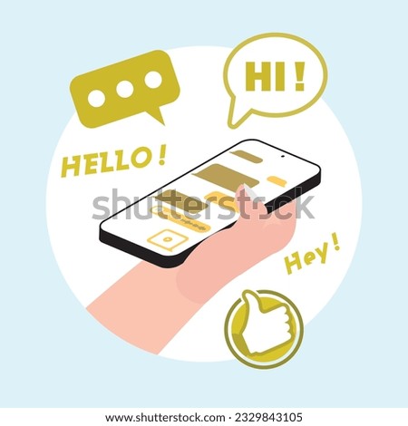 Human holding a mobile smartphone and engaging in conversations with friends while sending messages, features colorful and decorative elements, Vector.