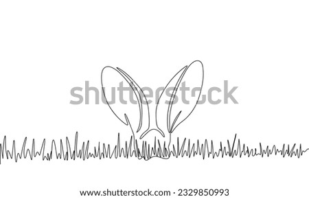 Rabbit ears in the grass one line continuous. Easter concept banner. Line art outline vector illustration isolated on white background.