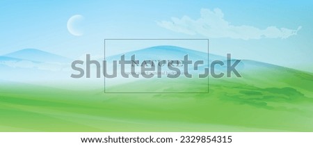 Green fields panoramic view, hills and mountains in the horison. Stunning landscape, fresh green grass. Watercolor textured vector background.  Royalty-Free Stock Photo #2329854315