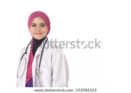Confident Muslim female doctor standing with isolated white Royalty-Free Stock Photo #232986103