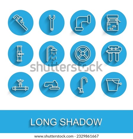 Set line Industry pipe and valve, Water tap, Pipe adjustable wrench, Bucket, Shower, filter and  icon. Vector