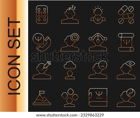 Set line Yin Yang symbol, Solution problem psychology, Psychology book, Insomnia, Online psychological counseling, Sedative pills and Hypnosis icon. Vector