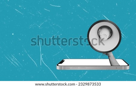 Collage of modern art. Modern design. A woman's hand with a megaphone sticking out on her phone screen, with room for advertising. The concept of Internet shopping, the World Wide Web and advertising Royalty-Free Stock Photo #2329873533
