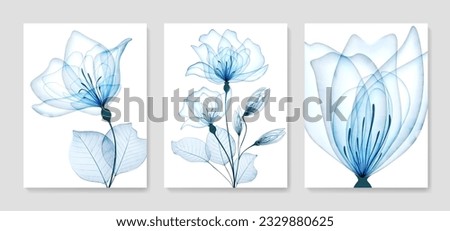 Luxurious abstract set with blue transparent flowers roses in a watercolor style. Hand drawn botanical floral set for poster design, print, decor, interior design, wallpaper.