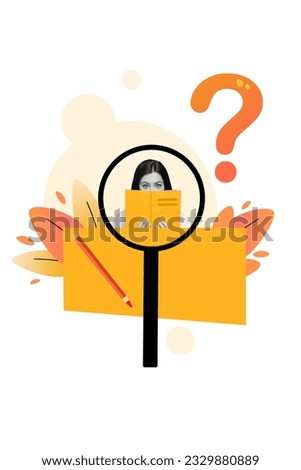 Vertical image collage picture of funky girl hiding her face shy read books literature question mark student isolated on white background