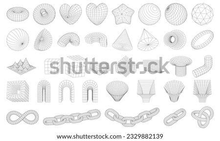 Set of wireframe 3D geometric shapes. Wire frame abstract figures. Distorted mesh grids. Chain, cone, Infinity Symbol, arc, star, sphere, knot. Graphic design elements isolated on white background. Royalty-Free Stock Photo #2329882139