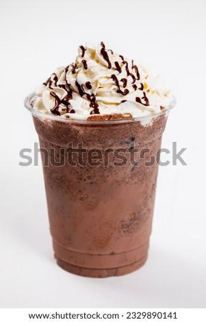 coffee cream cold macro cup brown whip milk plastic cup full ice latte  Royalty-Free Stock Photo #2329890141