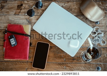 notebook, laptop and phone, headphones, cocktail, sunglasses in table, Pretty Young Beauty Woman Using Laptop in cafe, outdoor portrait business woman, hipster style, internet, smartphone, office, Bal