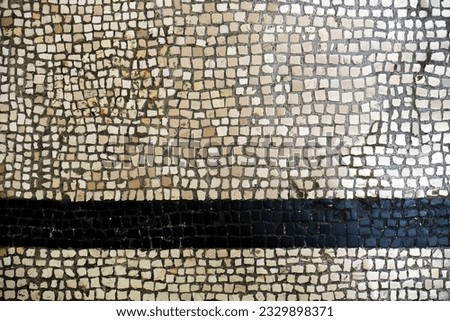 Ancient Roman mosaic floor with small stone tiles arranged in a captivating dirty white pattern.