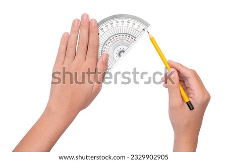 The boy uses a protractor to measure degrees. Math and engineering concepts for kids. white background and isolate.