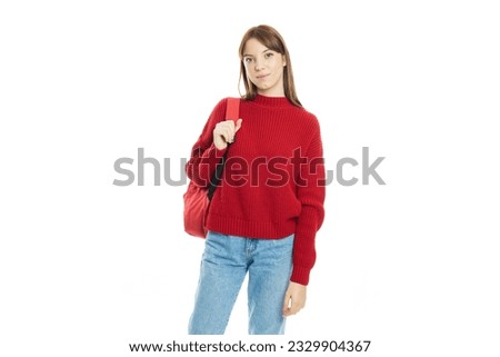 PNG,attractive young woman with backpack,isolated on white background