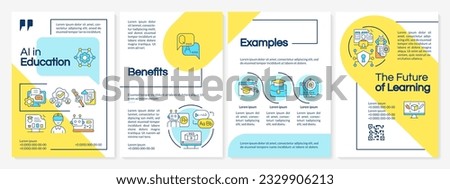 AI in education blue and yellow brochure template, cover design with linear icons. 4 vector layouts representing future of learning.
