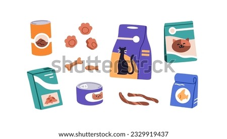 Pets food in packages set. Feline and canine feed, chewing treats, snacks packed in bags, boxes, cans. Animals wet and dry eating, nutrition. Flat vector illustrations isolated on white background Royalty-Free Stock Photo #2329919437
