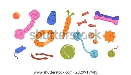 Pets toys set. Playing accessories, supplies for cats, dogs. Feline plush mouse, twine rope with knots, canine chewing bone, ball. Flat graphic vector illustrations isolated on white background Royalty-Free Stock Photo #2329919443