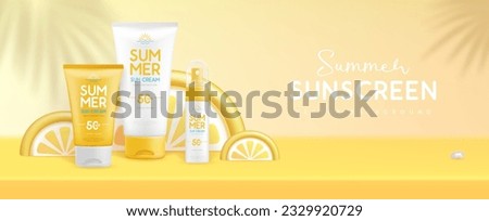 Summer background with 3d set of sunscreens and slices of lemon or orange. Colorful summer scene. Vector illustration