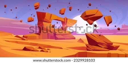 Mars desert landscape with floating rock vector illustration. Martian boulder terrain with rocky arch cartoon background. Monument formation construction in drought sand space place environment Royalty-Free Stock Photo #2329928103