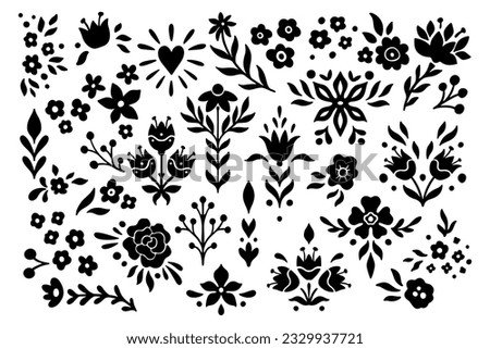 Monochrome Floral Symmetrical Silhouette Set. Abstract Botany Collection with Branches, Petal, Flower. Vector Illustration Isolated on white background. Linocut Folk Art Prints for Logo, Roses, Tulip.