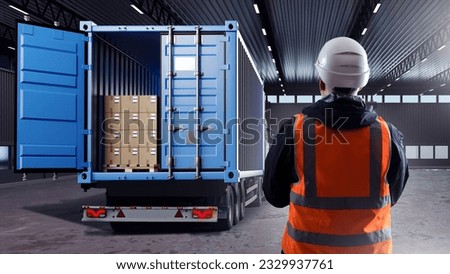 Truck with container. Man logistician with his back to camera. Truck inside industrial hangar. Pallets with boxes delivered to warehouse. Parcel in back of truck. Logistician in industrial building Royalty-Free Stock Photo #2329937761