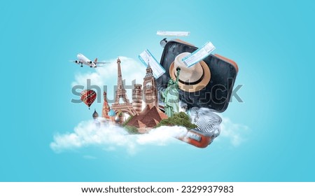 Illustration Travel Concept with Plane, Famous Landmark World, and Traveling luggage Royalty-Free Stock Photo #2329937983