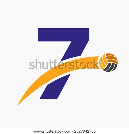 Volleyball Logo On Letter 7 With Moving Volleyball Ball Icon. Volley Ball Symbol