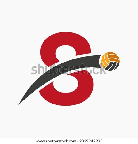 Volleyball Logo On Letter 8 With Moving Volleyball Ball Icon. Volley Ball Symbol