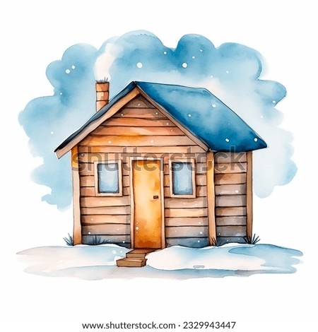Tiny wooden winter  house isolated  watercolor book illustration on the white background