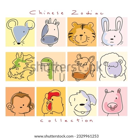 Chinese horoscope zodiac set line art vector illustration. Collection of animals symbols of China year.